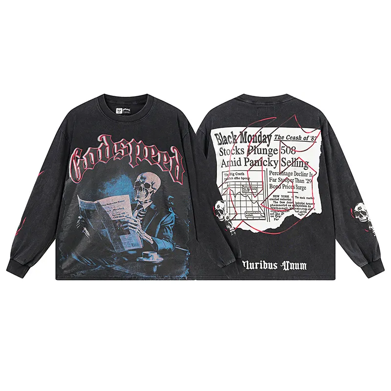 1175# P160 Washed Black Real Shot Godspeed Beauty Street Retro Washed and Distressed Pure Cotton Long T Fabric: 270g 32 Count Fine Cotton Double Yarn Pure Cotton Color: Washed Black Size: S M L XL