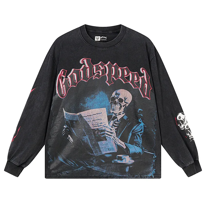 1175# P160 Washed Black Real Shot Godspeed Beauty Street Retro Washed and Distressed Pure Cotton Long T Fabric: 270g 32 Count Fine Cotton Double Yarn Pure Cotton Color: Washed Black Size: S M L XL