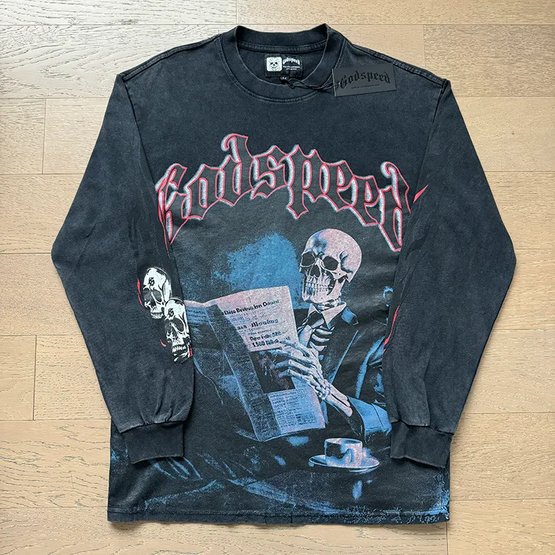1175# P160 Washed Black Real Shot Godspeed Beauty Street Retro Washed and Distressed Pure Cotton Long T Fabric: 270g 32 Count Fine Cotton Double Yarn Pure Cotton Color: Washed Black Size: S M L XL