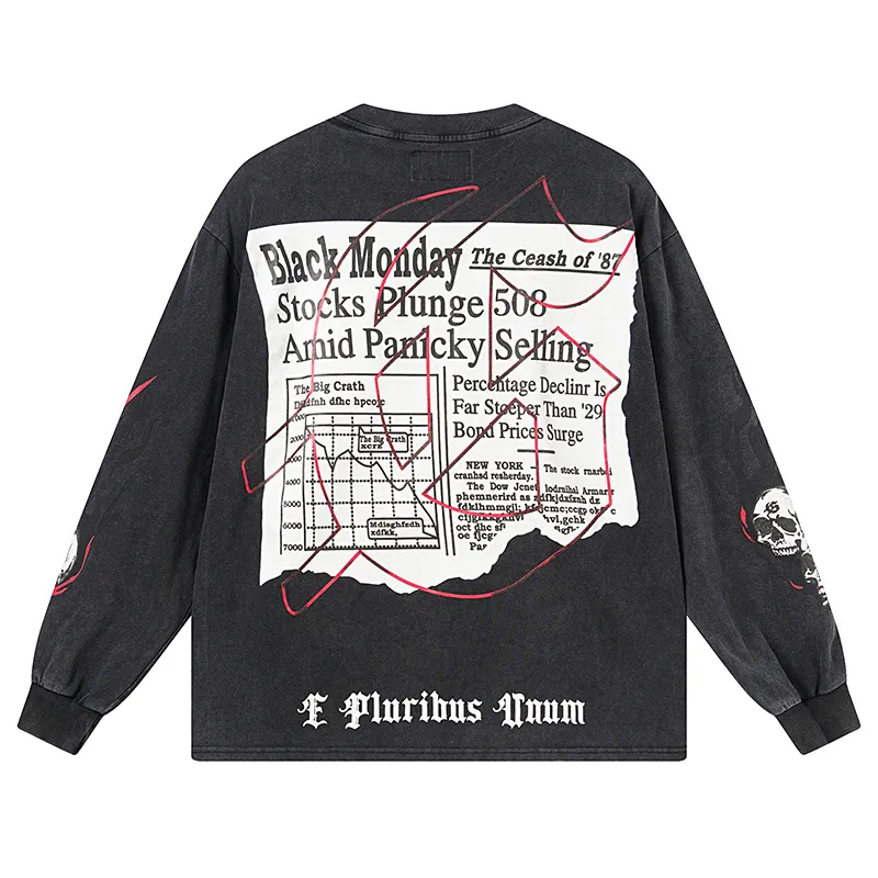 1175# P160 Washed Black Real Shot Godspeed Beauty Street Retro Washed and Distressed Pure Cotton Long T Fabric: 270g 32 Count Fine Cotton Double Yarn Pure Cotton Color: Washed Black Size: S M L XL