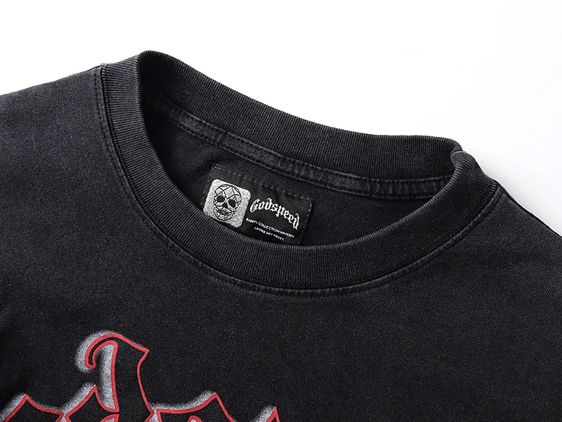 1175# P160 Washed Black Real Shot Godspeed Beauty Street Retro Washed and Distressed Pure Cotton Long T Fabric: 270g 32 Count Fine Cotton Double Yarn Pure Cotton Color: Washed Black Size: S M L XL