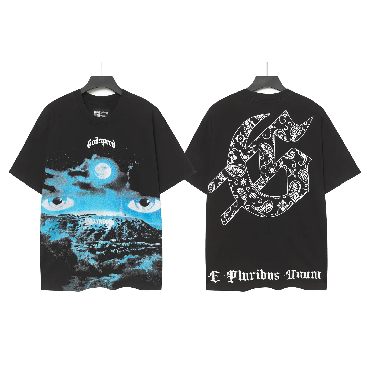 6076# washed black | P116 Godspeed cross-border American rock and roll street washed retro style short-sleeved T (craft printing) fabric (fabric): 32 count combed double yarn 250 grams weight code number (size): S-M-L-XL color (colour): washed black
