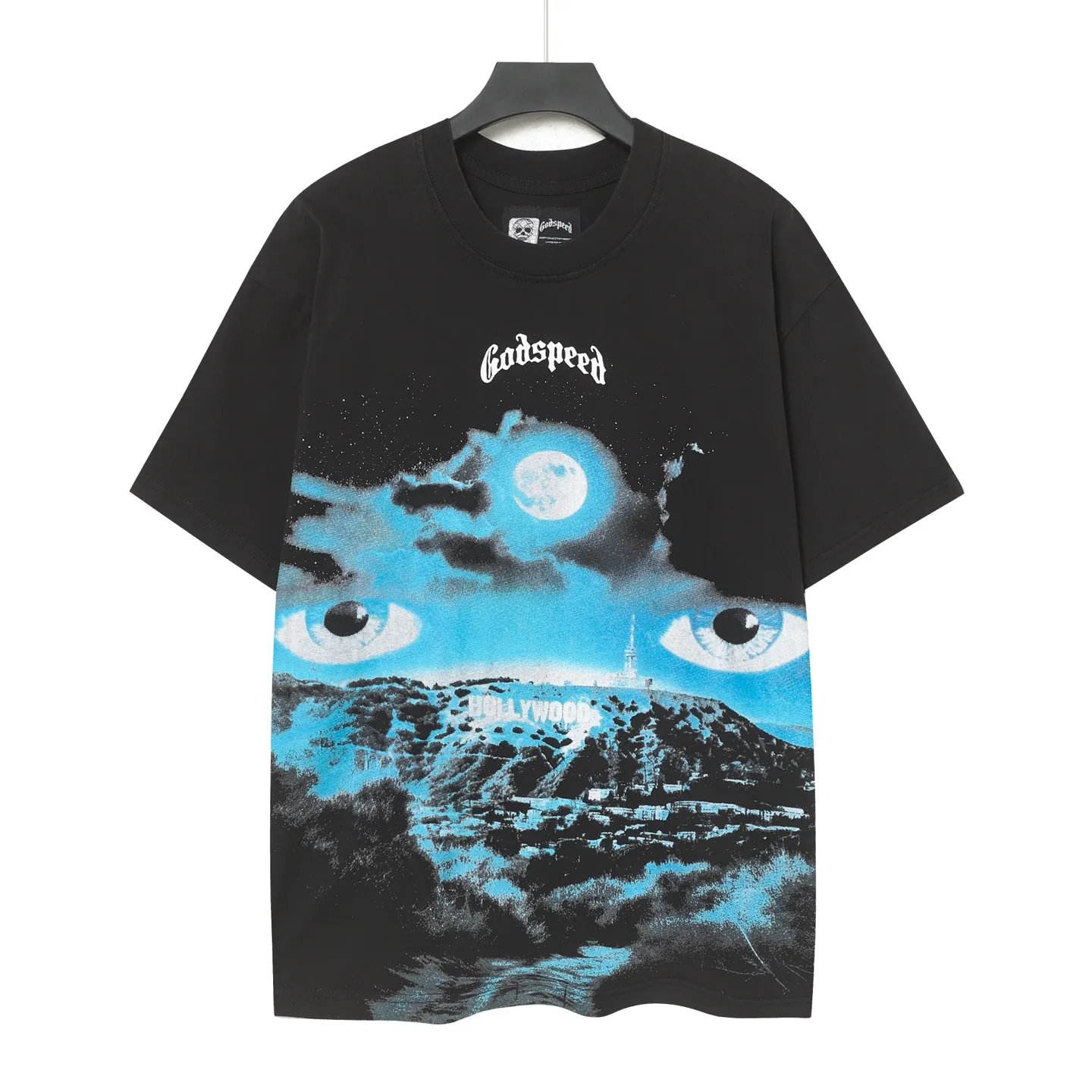 6076# washed black | P116 Godspeed cross-border American rock and roll street washed retro style short-sleeved T (craft printing) fabric (fabric): 32 count combed double yarn 250 grams weight code number (size): S-M-L-XL color (colour): washed black