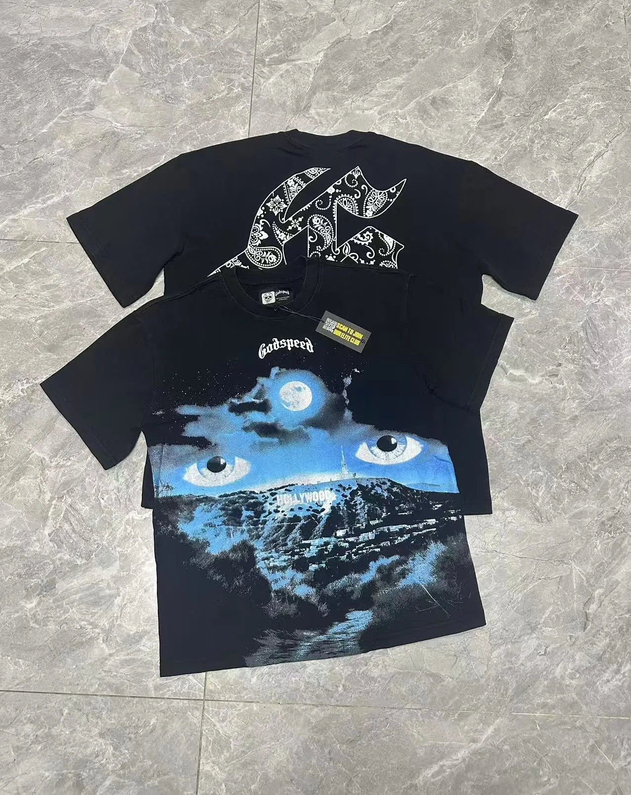 6076# washed black | P116 Godspeed cross-border American rock and roll street washed retro style short-sleeved T (craft printing) fabric (fabric): 32 count combed double yarn 250 grams weight code number (size): S-M-L-XL color (colour): washed black