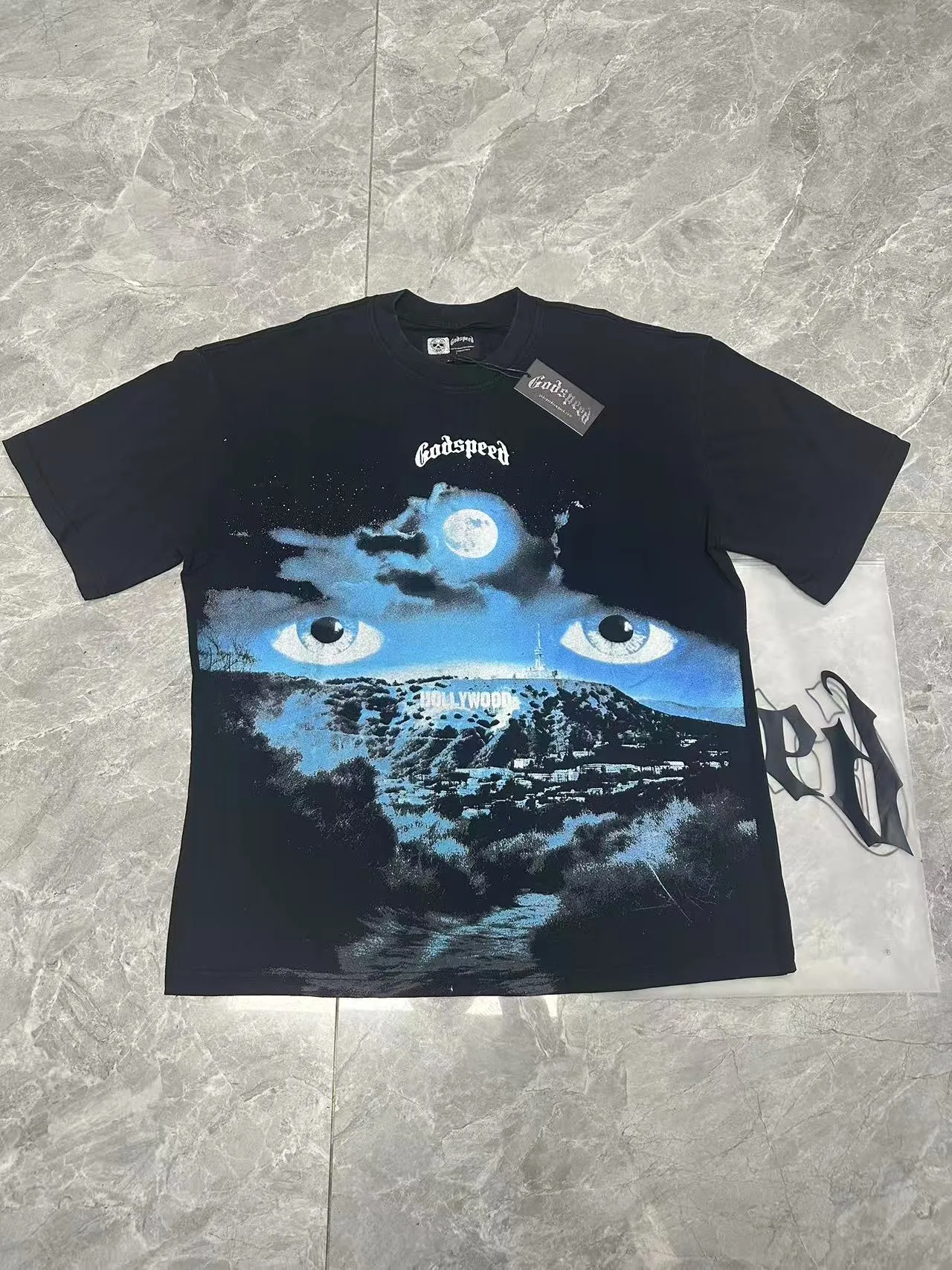 6076# washed black | P116 Godspeed cross-border American rock and roll street washed retro style short-sleeved T (craft printing) fabric (fabric): 32 count combed double yarn 250 grams weight code number (size): S-M-L-XL color (colour): washed black