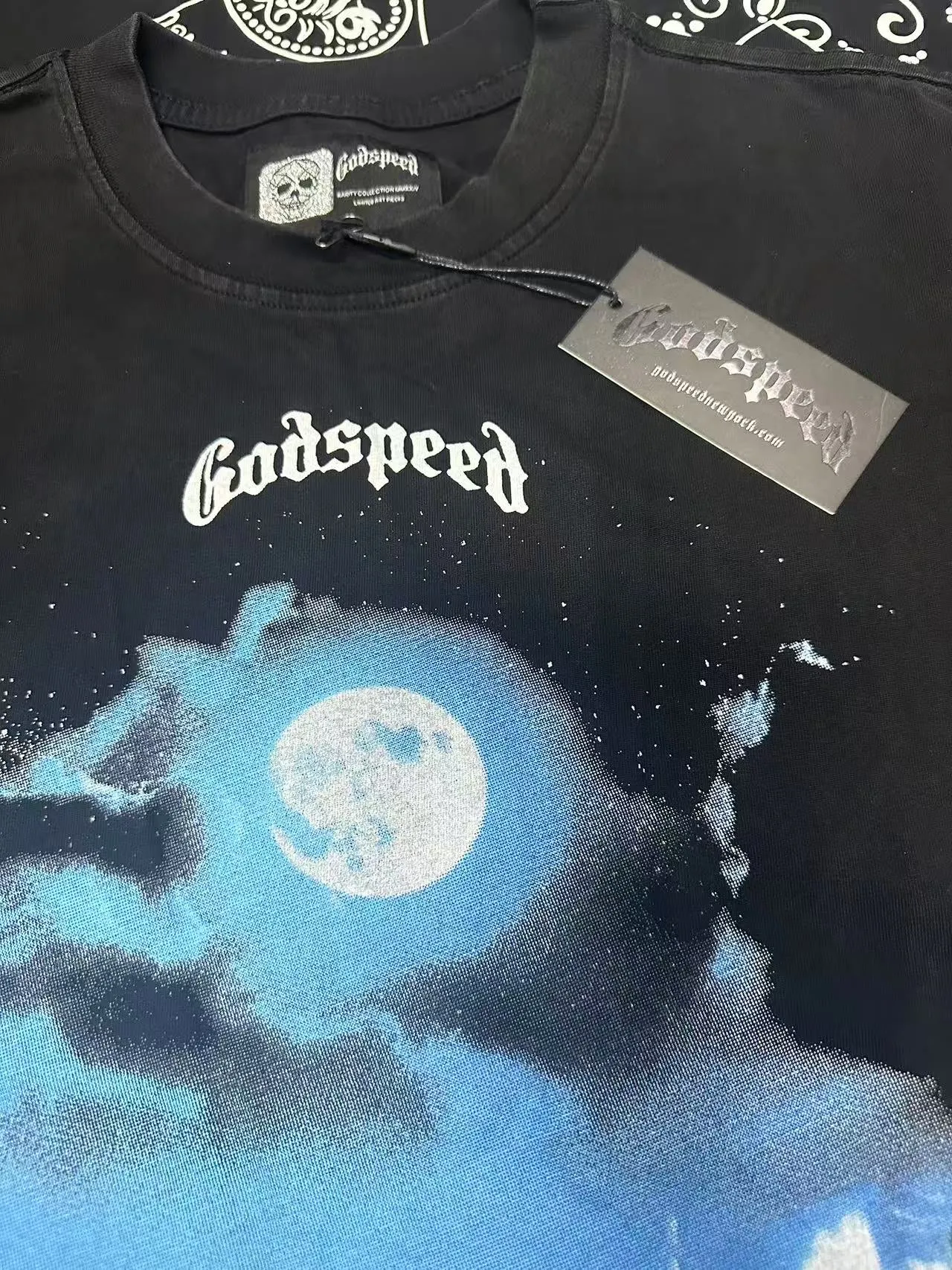 6076# washed black | P116 Godspeed cross-border American rock and roll street washed retro style short-sleeved T (craft printing) fabric (fabric): 32 count combed double yarn 250 grams weight code number (size): S-M-L-XL color (colour): washed black