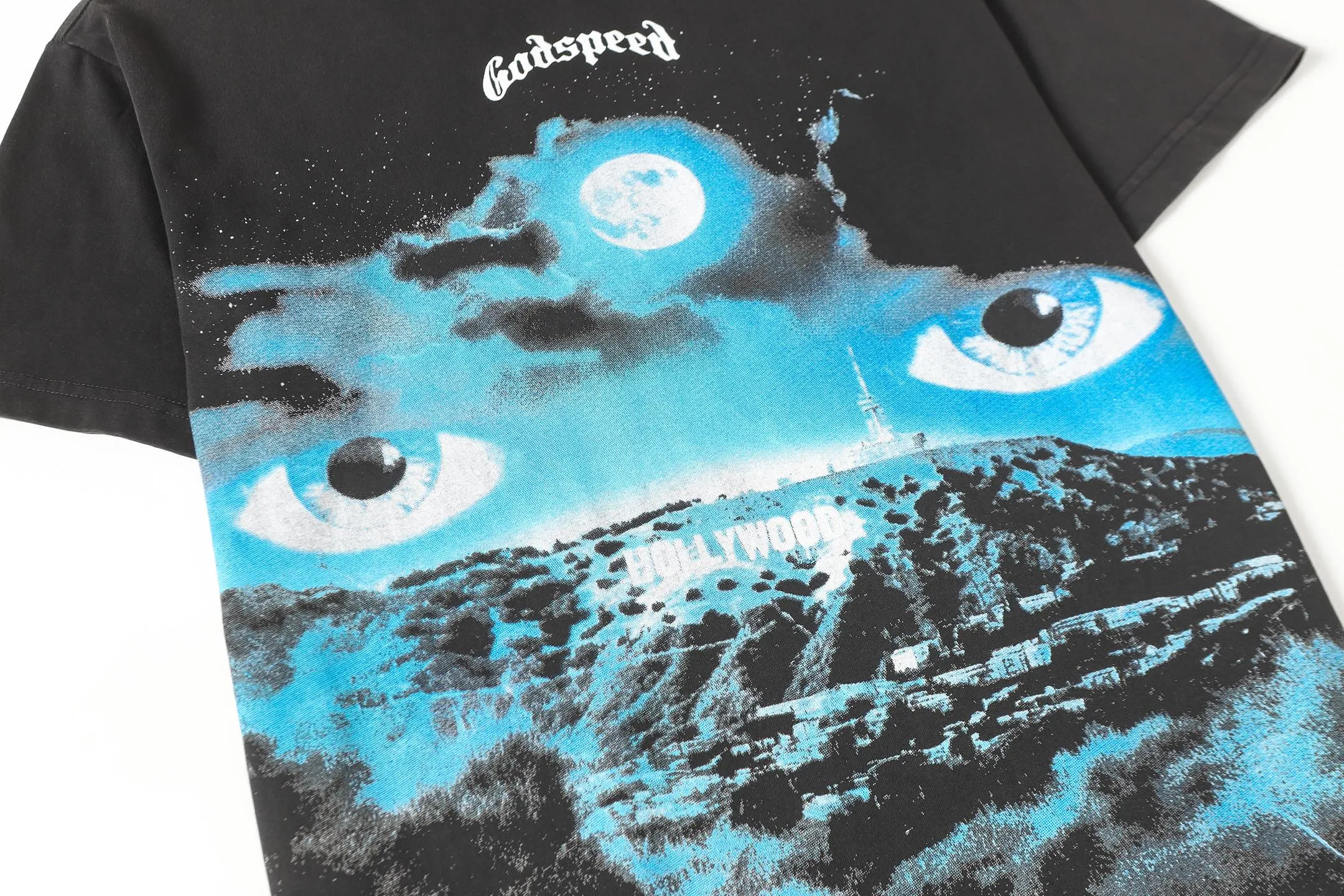 6076# washed black | P116 Godspeed cross-border American rock and roll street washed retro style short-sleeved T (craft printing) fabric (fabric): 32 count combed double yarn 250 grams weight code number (size): S-M-L-XL color (colour): washed black