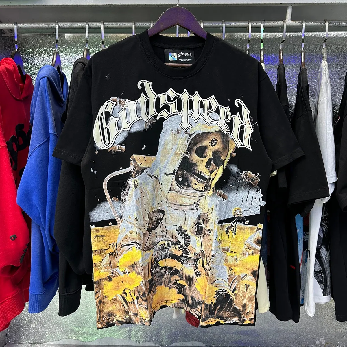 Actual photo, No. 7057, Mechao Godspeed skull bee sunflower print high quality double yarn pure cotton short-sleeved T-shirt batch 110 Color: black, white; Size: S M L XL