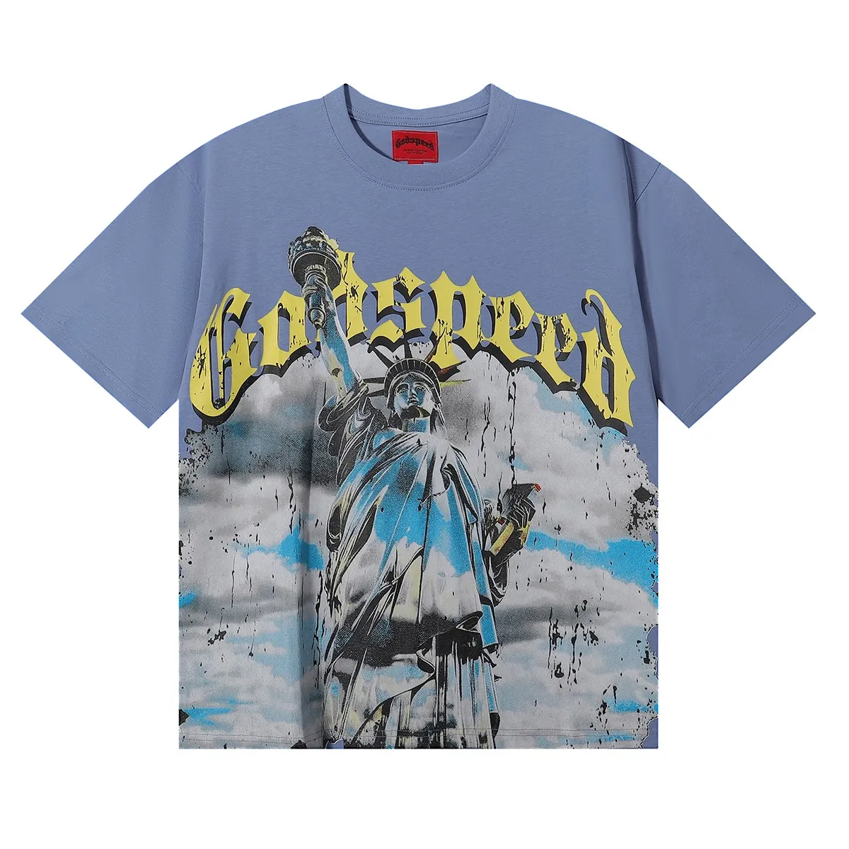 No. 7002, American fashion Godspeed Statue of Liberty printed high-quality double yarn pure cotton casual short-sleeved T-shirt batch 110 Color: black, apricot, blue; Size: S M L XL