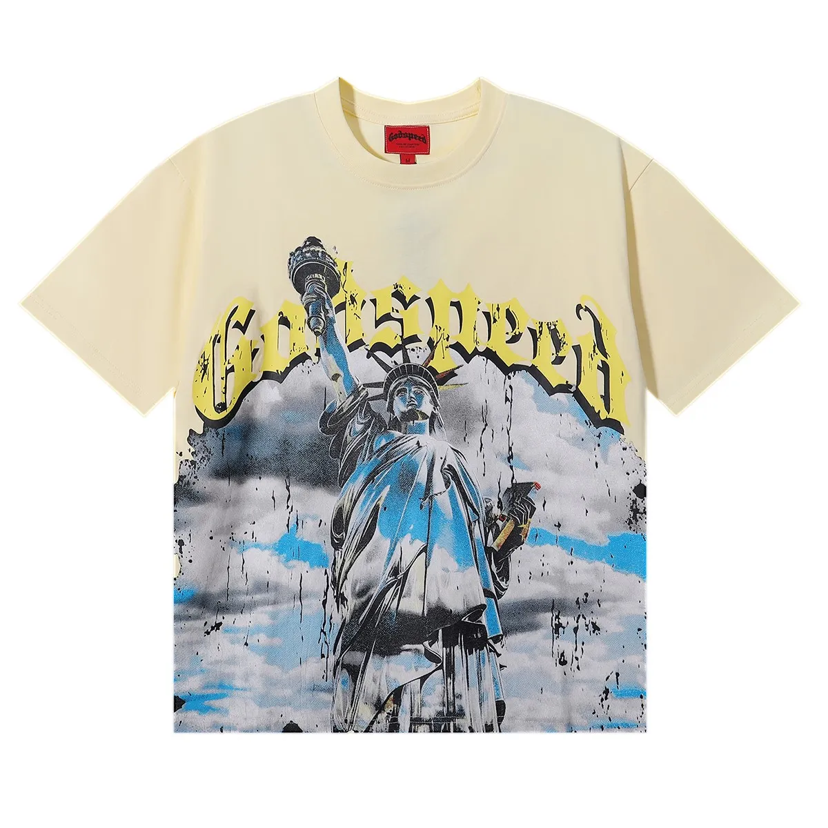 No. 7002, American fashion Godspeed Statue of Liberty printed high-quality double yarn pure cotton casual short-sleeved T-shirt batch 110 Color: black, apricot, blue; Size: S M L XL