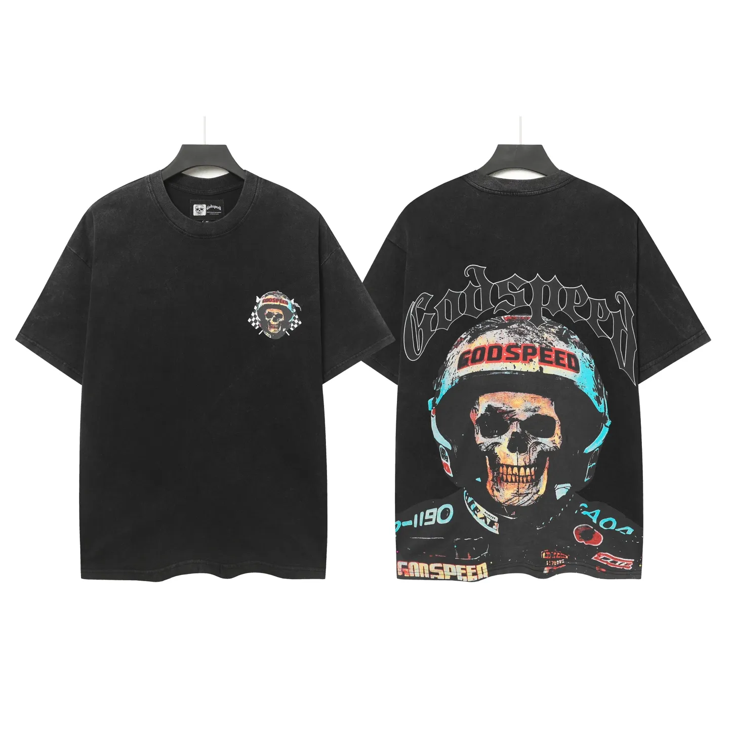 6063#washed black｜P116 Godspeed cross-border American rock and roll street washed retro style short-sleeved T (craft printing) fabric (fabric): 32 count combed double yarn 250g weight code number (size): S-M-L-XL color (colour): washed black