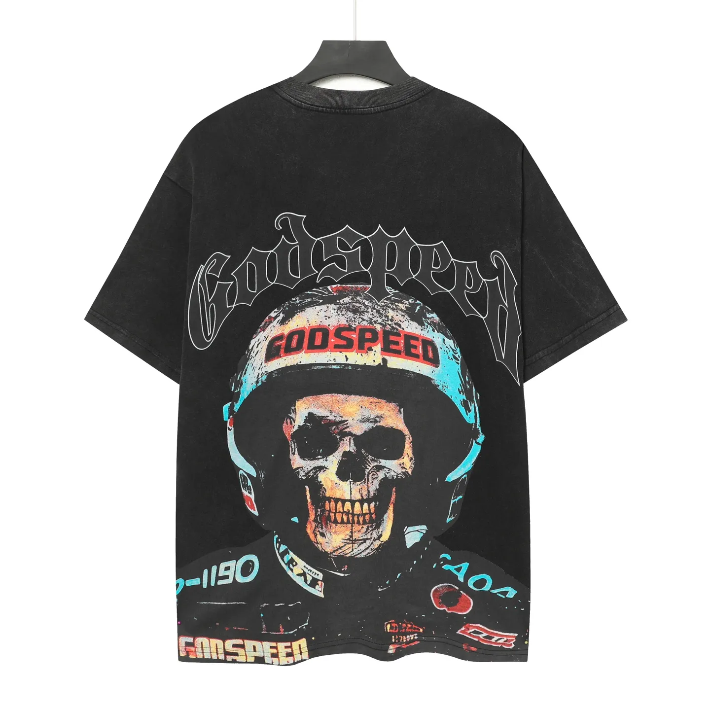 6063#washed black｜P116 Godspeed cross-border American rock and roll street washed retro style short-sleeved T (craft printing) fabric (fabric): 32 count combed double yarn 250g weight code number (size): S-M-L-XL color (colour): washed black