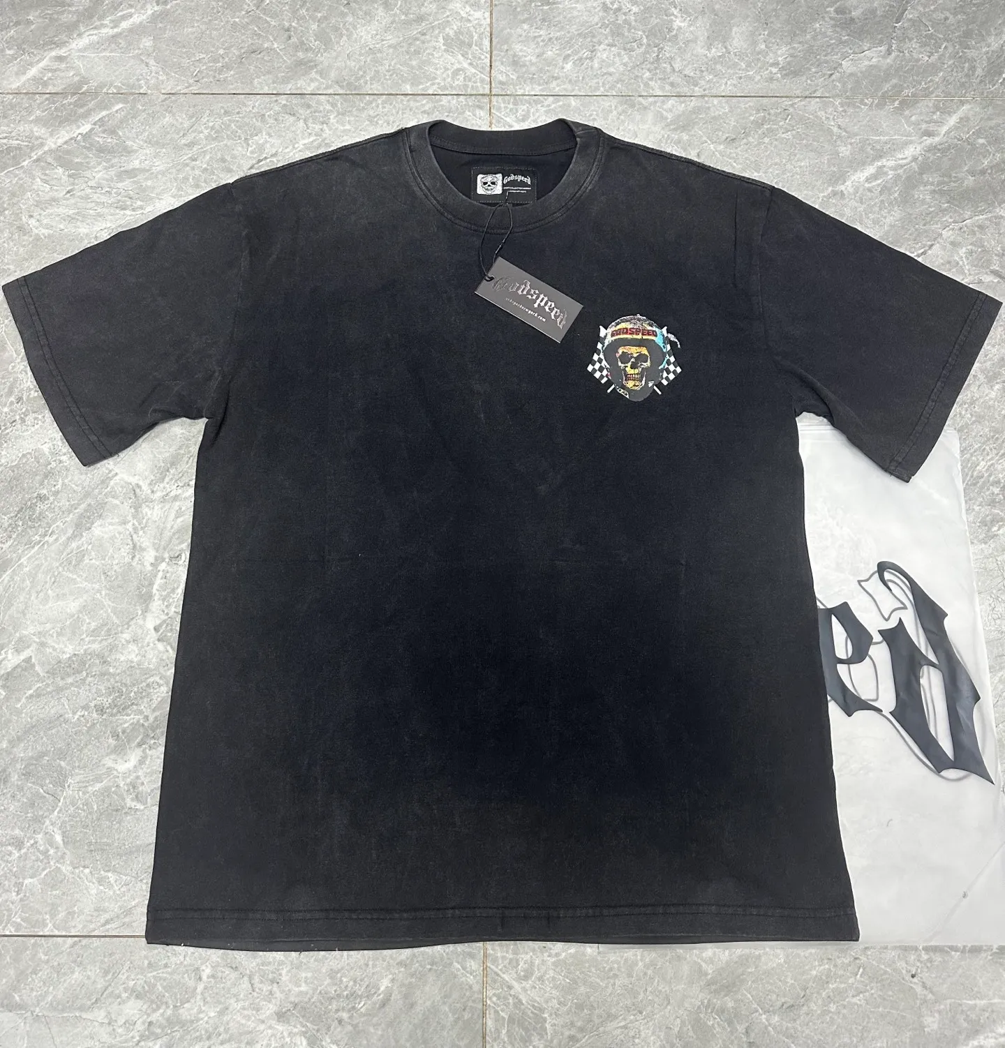6063#washed black｜P116 Godspeed cross-border American rock and roll street washed retro style short-sleeved T (craft printing) fabric (fabric): 32 count combed double yarn 250g weight code number (size): S-M-L-XL color (colour): washed black