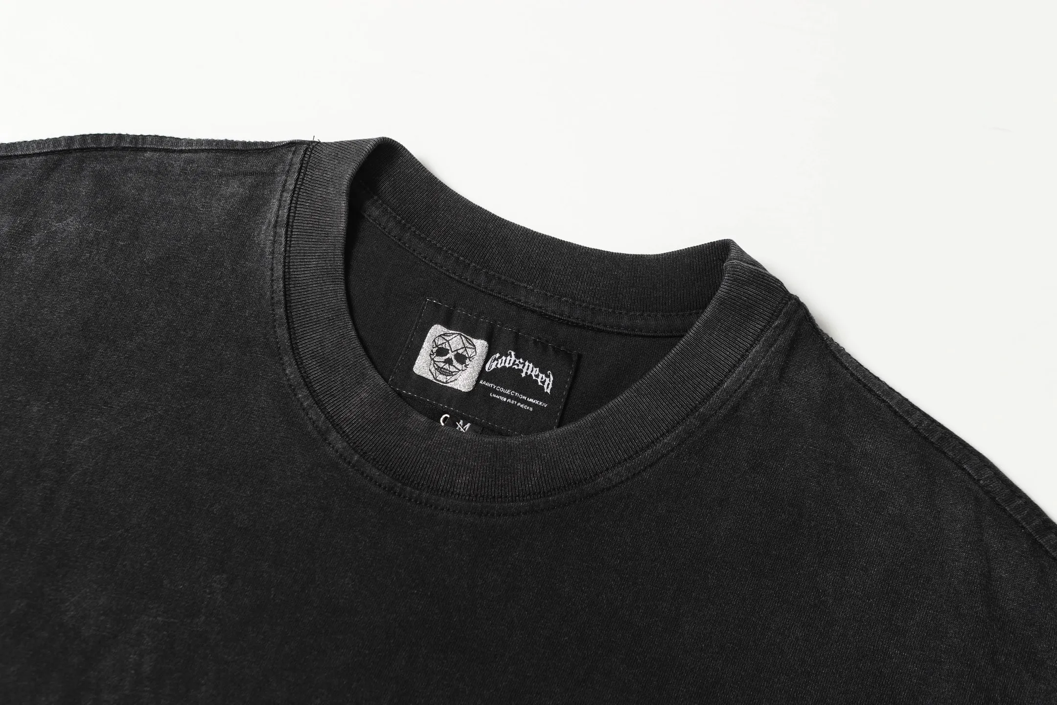 6063#washed black｜P116 Godspeed cross-border American rock and roll street washed retro style short-sleeved T (craft printing) fabric (fabric): 32 count combed double yarn 250g weight code number (size): S-M-L-XL color (colour): washed black