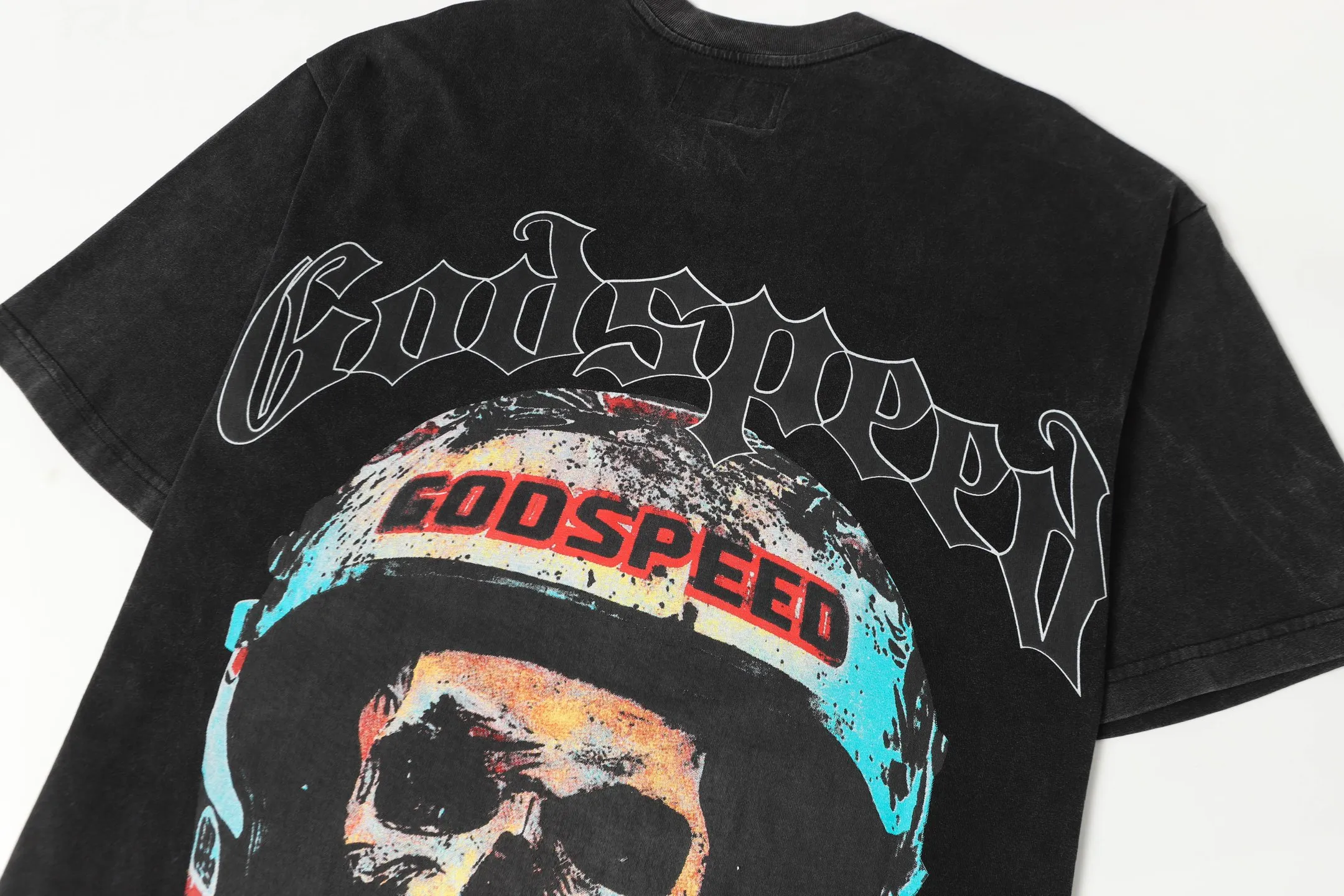 6063#washed black｜P116 Godspeed cross-border American rock and roll street washed retro style short-sleeved T (craft printing) fabric (fabric): 32 count combed double yarn 250g weight code number (size): S-M-L-XL color (colour): washed black