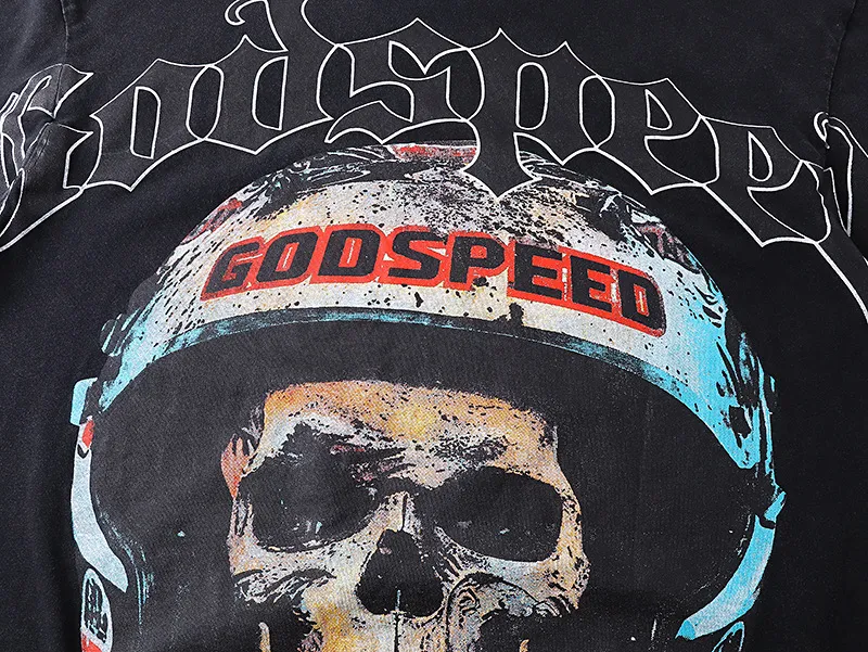 6063#washed black｜P116 Godspeed cross-border American rock and roll street washed retro style short-sleeved T (craft printing) fabric (fabric): 32 count combed double yarn 250g weight code number (size): S-M-L-XL color (colour): washed black