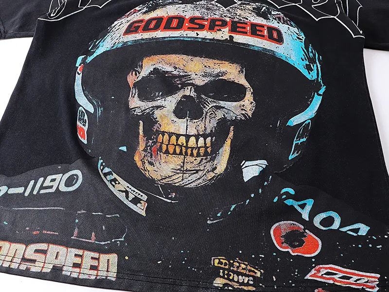 6063#washed black｜P116 Godspeed cross-border American rock and roll street washed retro style short-sleeved T (craft printing) fabric (fabric): 32 count combed double yarn 250g weight code number (size): S-M-L-XL color (colour): washed black