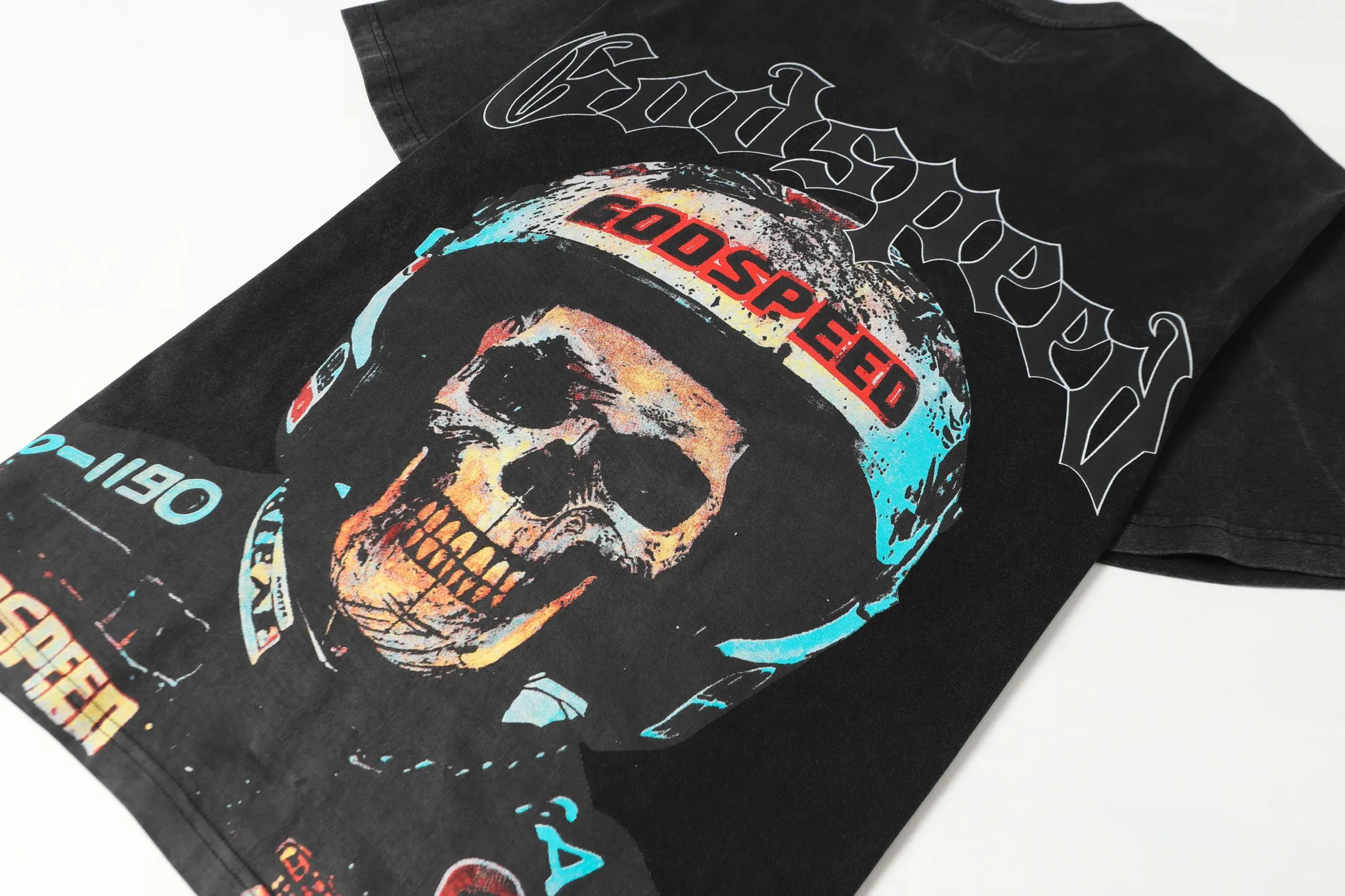 6063#washed black｜P116 Godspeed cross-border American rock and roll street washed retro style short-sleeved T (craft printing) fabric (fabric): 32 count combed double yarn 250g weight code number (size): S-M-L-XL color (colour): washed black