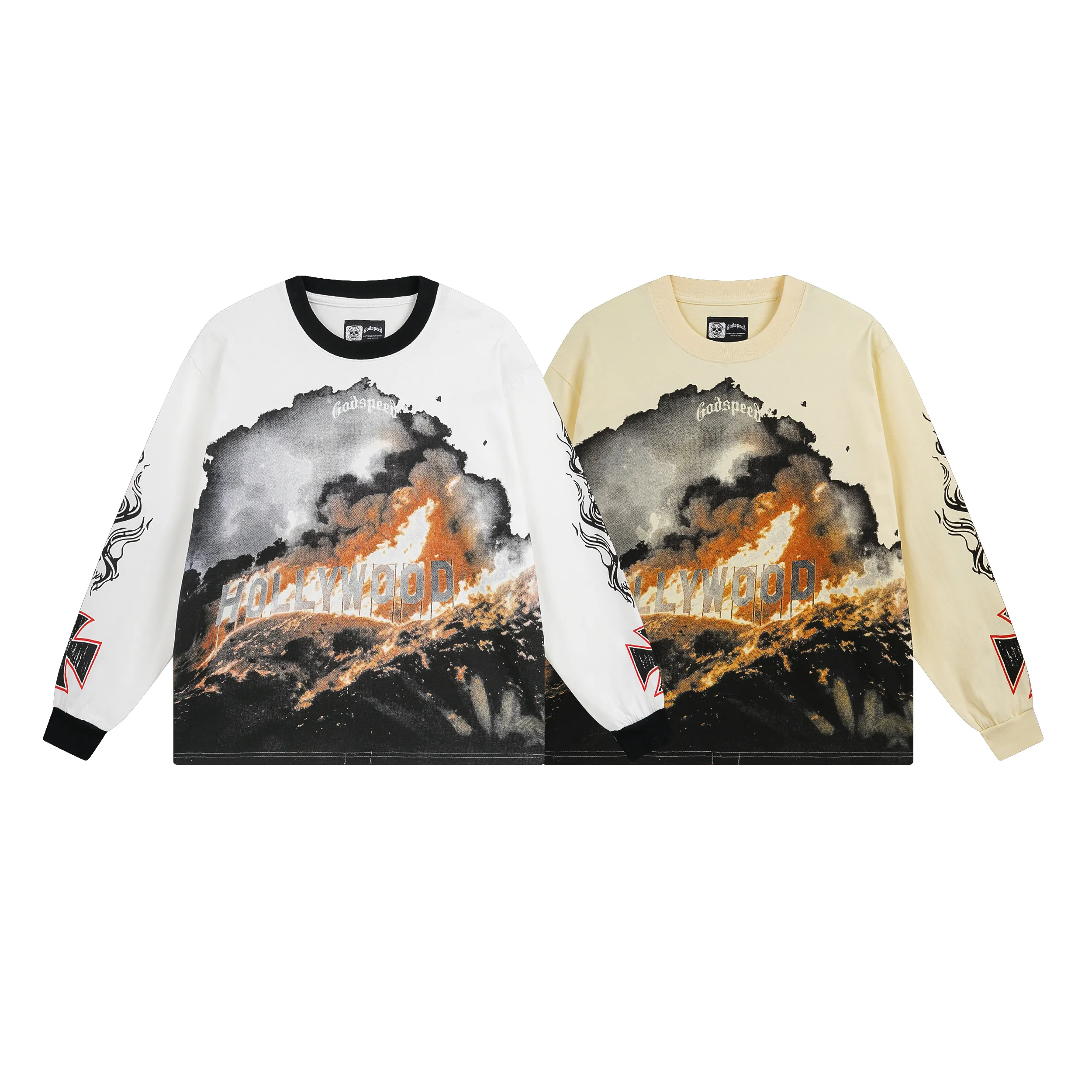 3107# P140 Real shot of Godspeed American fashion rock street pure cotton loose bottoming long-sleeved T-shirt long T-shirt Fabric: 270g 32-count fine cotton double yarn pure cotton Color: off-white apricot Code number: S M L XL