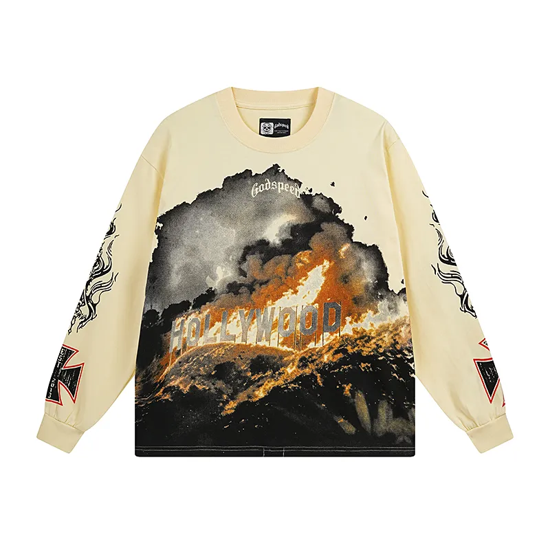 3107# P140 Real shot of Godspeed American fashion rock street pure cotton loose bottoming long-sleeved T-shirt long T-shirt Fabric: 270g 32-count fine cotton double yarn pure cotton Color: off-white apricot Code number: S M L XL