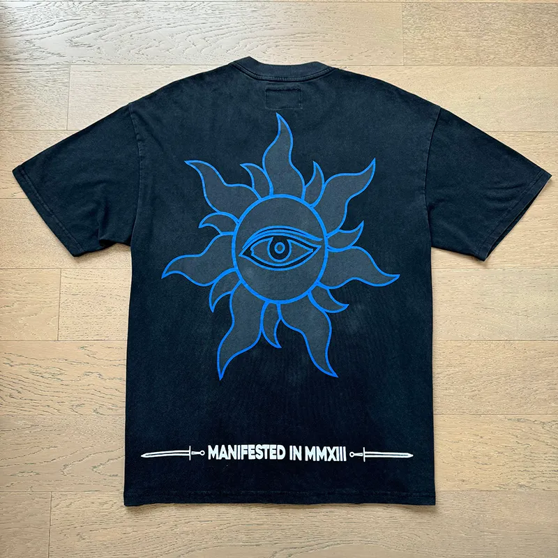 1066# P126 Washed Black Real Shot Godspeed American Fashion Rock Street Retro Washed Distressed Printed Cotton Short Sleeves Fabric: 250g 32 Count Fine Cotton Double Yarn Pure Cotton Color: Washed Black Size: S M L XL