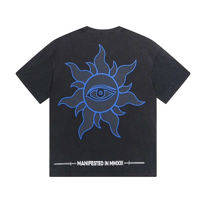 1066# P126 Washed Black Real Shot Godspeed American Fashion Rock Street Retro Washed Distressed Printed Cotton Short Sleeves Fabric: 250g 32 Count Fine Cotton Double Yarn Pure Cotton Color: Washed Black Size: S M L XL