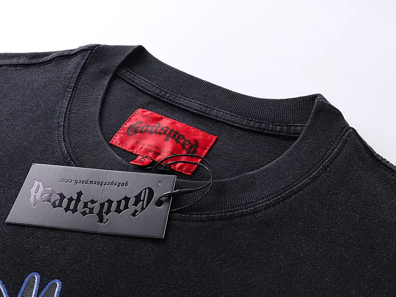 1066# P126 Washed Black Real Shot Godspeed American Fashion Rock Street Retro Washed Distressed Printed Cotton Short Sleeves Fabric: 250g 32 Count Fine Cotton Double Yarn Pure Cotton Color: Washed Black Size: S M L XL