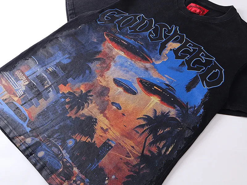 1066# P126 Washed Black Real Shot Godspeed American Fashion Rock Street Retro Washed Distressed Printed Cotton Short Sleeves Fabric: 250g 32 Count Fine Cotton Double Yarn Pure Cotton Color: Washed Black Size: S M L XL