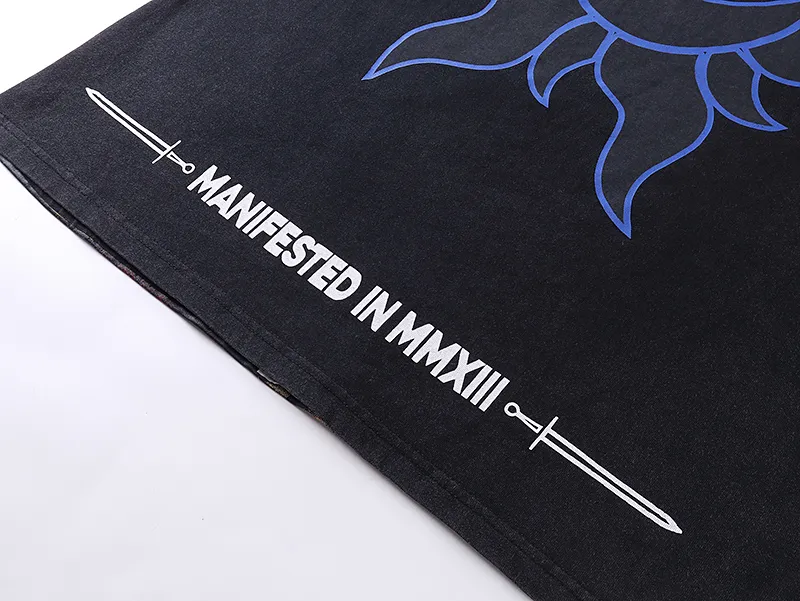 1066# P126 Washed Black Real Shot Godspeed American Fashion Rock Street Retro Washed Distressed Printed Cotton Short Sleeves Fabric: 250g 32 Count Fine Cotton Double Yarn Pure Cotton Color: Washed Black Size: S M L XL