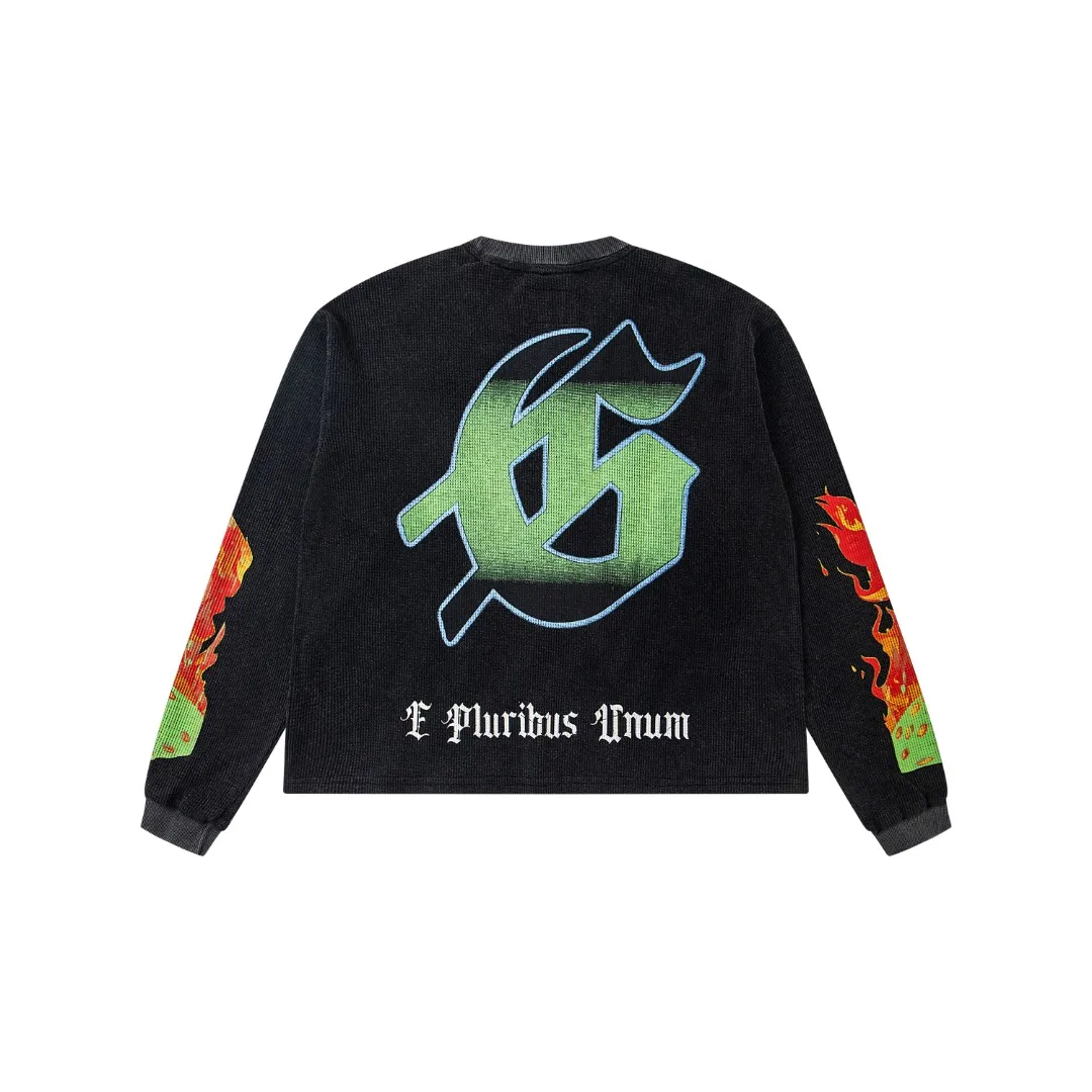 G17# GodSpeed ​​white ink direct spray long-sleeved waffle S-XL washed black P186 apricot P176