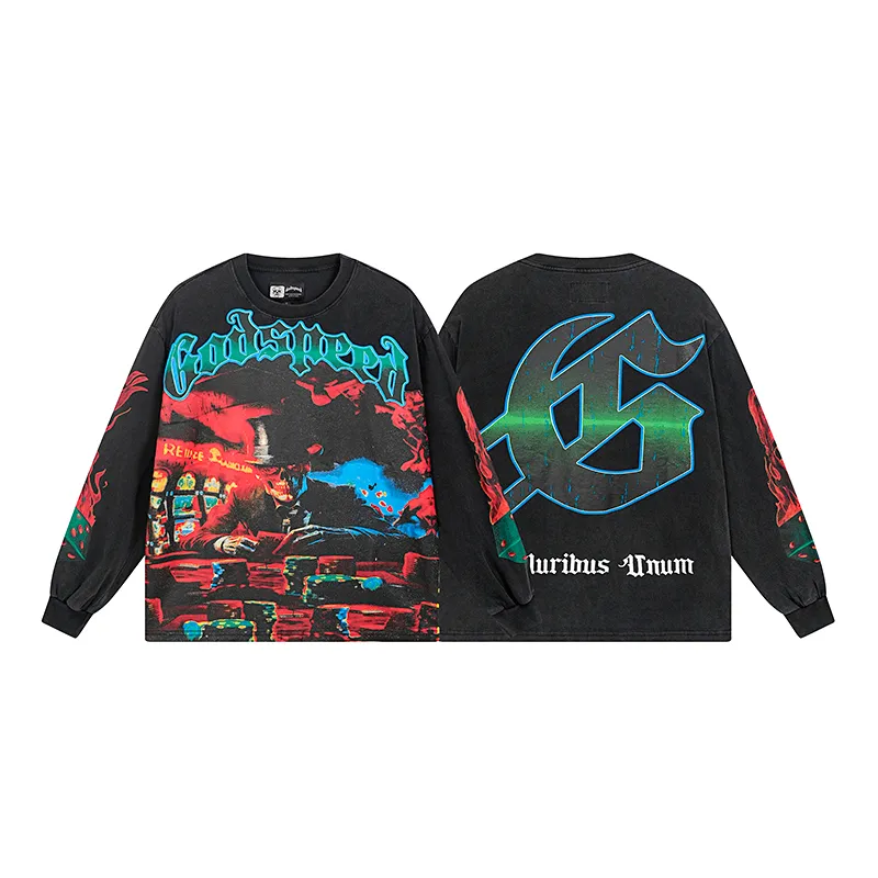 1099# P160 Washed Black Real Shot Godspeed American Fashion Rock Street Retro Washed Distressed Printed Cotton Short Sleeves Fabric: 270g 32 Count Fine Cotton Double Yarn Pure Cotton Color: Washed Black Size: S M L XL