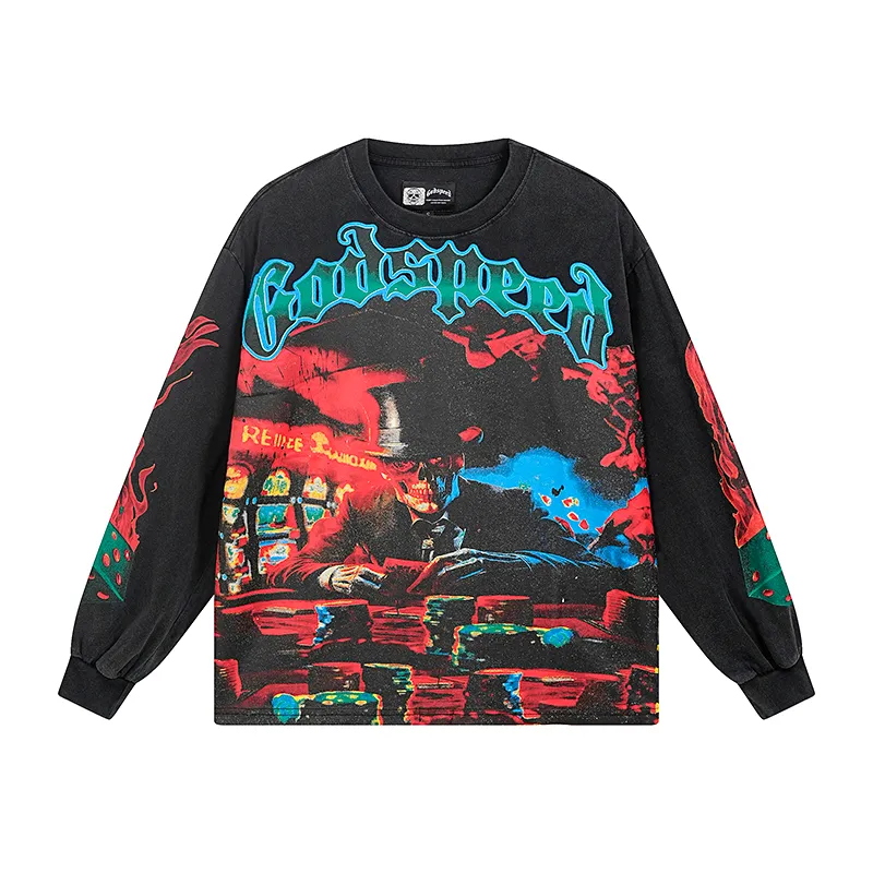1099# P160 Washed Black Real Shot Godspeed American Fashion Rock Street Retro Washed Distressed Printed Cotton Short Sleeves Fabric: 270g 32 Count Fine Cotton Double Yarn Pure Cotton Color: Washed Black Size: S M L XL