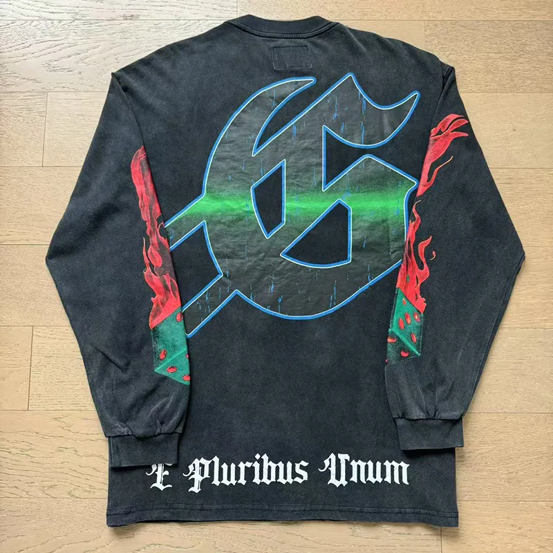1099# P160 Washed Black Real Shot Godspeed American Fashion Rock Street Retro Washed Distressed Printed Cotton Short Sleeves Fabric: 270g 32 Count Fine Cotton Double Yarn Pure Cotton Color: Washed Black Size: S M L XL