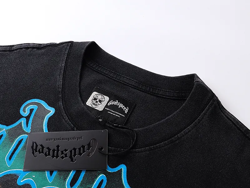 1099# P160 Washed Black Real Shot Godspeed American Fashion Rock Street Retro Washed Distressed Printed Cotton Short Sleeves Fabric: 270g 32 Count Fine Cotton Double Yarn Pure Cotton Color: Washed Black Size: S M L XL