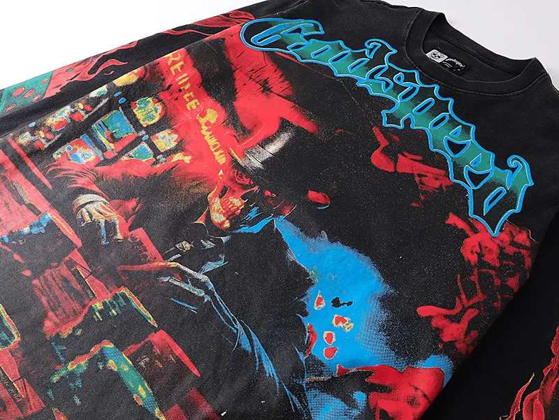 1099# P160 Washed Black Real Shot Godspeed American Fashion Rock Street Retro Washed Distressed Printed Cotton Short Sleeves Fabric: 270g 32 Count Fine Cotton Double Yarn Pure Cotton Color: Washed Black Size: S M L XL