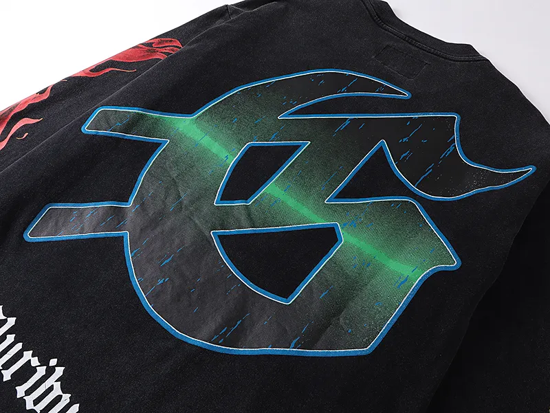 1099# P160 Washed Black Real Shot Godspeed American Fashion Rock Street Retro Washed Distressed Printed Cotton Short Sleeves Fabric: 270g 32 Count Fine Cotton Double Yarn Pure Cotton Color: Washed Black Size: S M L XL