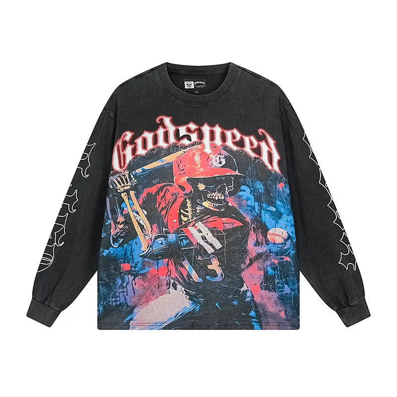 1159# P160 Washed Black Real Shot Godspeed Beauty Street Retro Washed and Distressed Pure Cotton Long T Fabric: 270g 32 Count Fine Cotton Double Yarn Pure Cotton Color: Washed Black Size: S M L XL