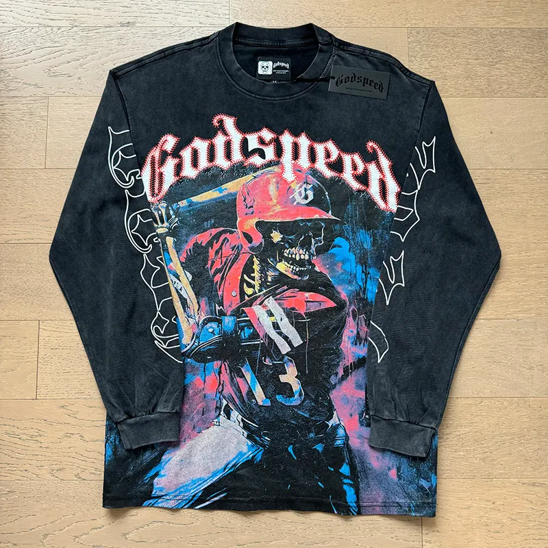 1159# P160 Washed Black Real Shot Godspeed Beauty Street Retro Washed and Distressed Pure Cotton Long T Fabric: 270g 32 Count Fine Cotton Double Yarn Pure Cotton Color: Washed Black Size: S M L XL
