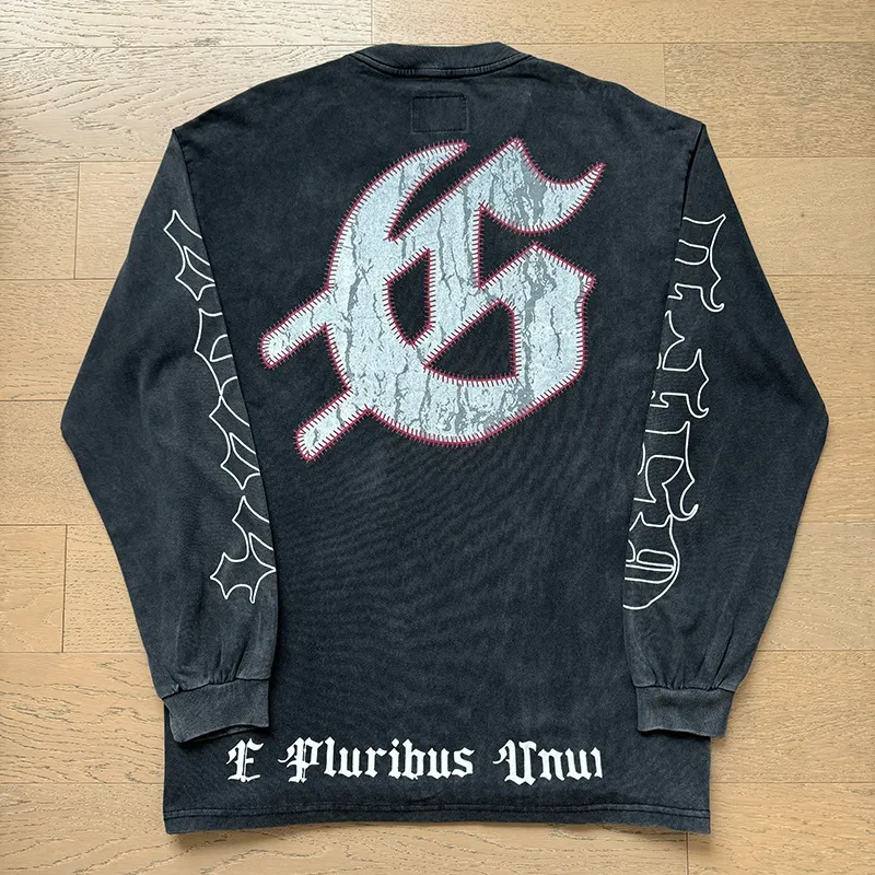 1159# P160 Washed Black Real Shot Godspeed Beauty Street Retro Washed and Distressed Pure Cotton Long T Fabric: 270g 32 Count Fine Cotton Double Yarn Pure Cotton Color: Washed Black Size: S M L XL