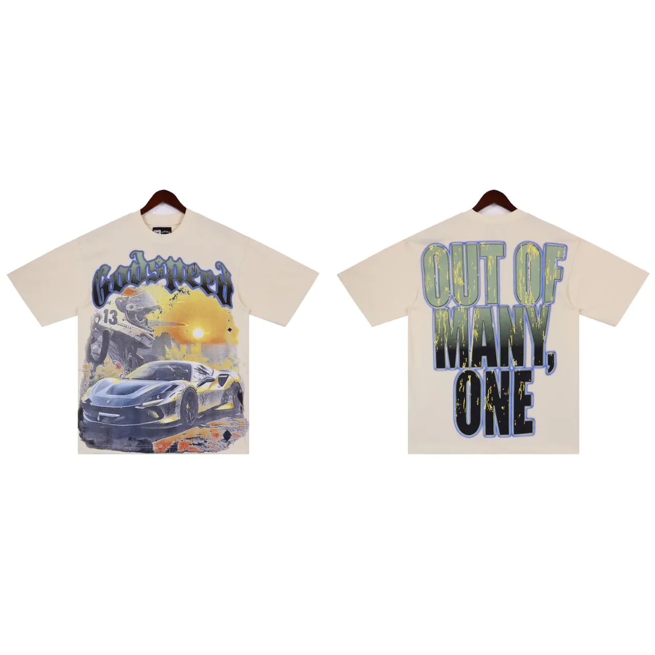 Style No.: 2859 Fabric: 230g washed P126 Real shot, spot beauty, trendy Godspeed racing print, washed and distressed, high quality double yarn casual round neck short-sleeved T-shirt for men and women Color; washed black, washed apricot Size: S M L XL