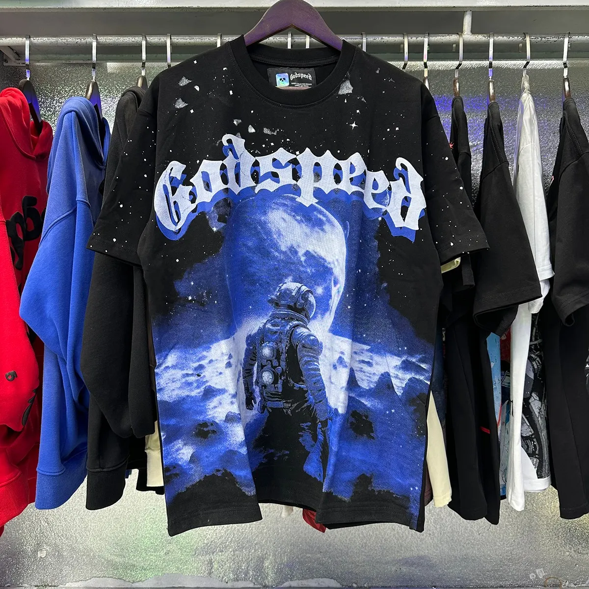 No. 7062, Mechao Godspeed space astronaut earth print high quality double yarn pure cotton short-sleeved T-shirt batch 110 Color: black; Size: S M L XL