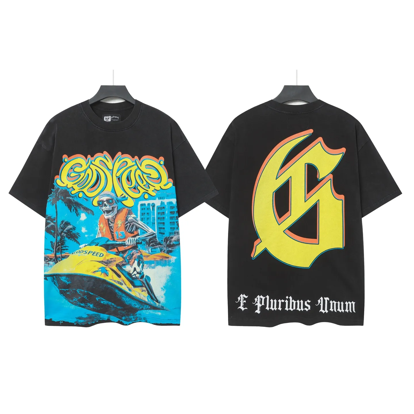 58💰6081#washed black ｜Godspeed cross-border American rock and roll street washed retro style short-sleeved T (craft print) fabric (fabric): 32 count combed double yarn 250g weight size (size): S-M-L-XL color (colour): washed black 👉 👉