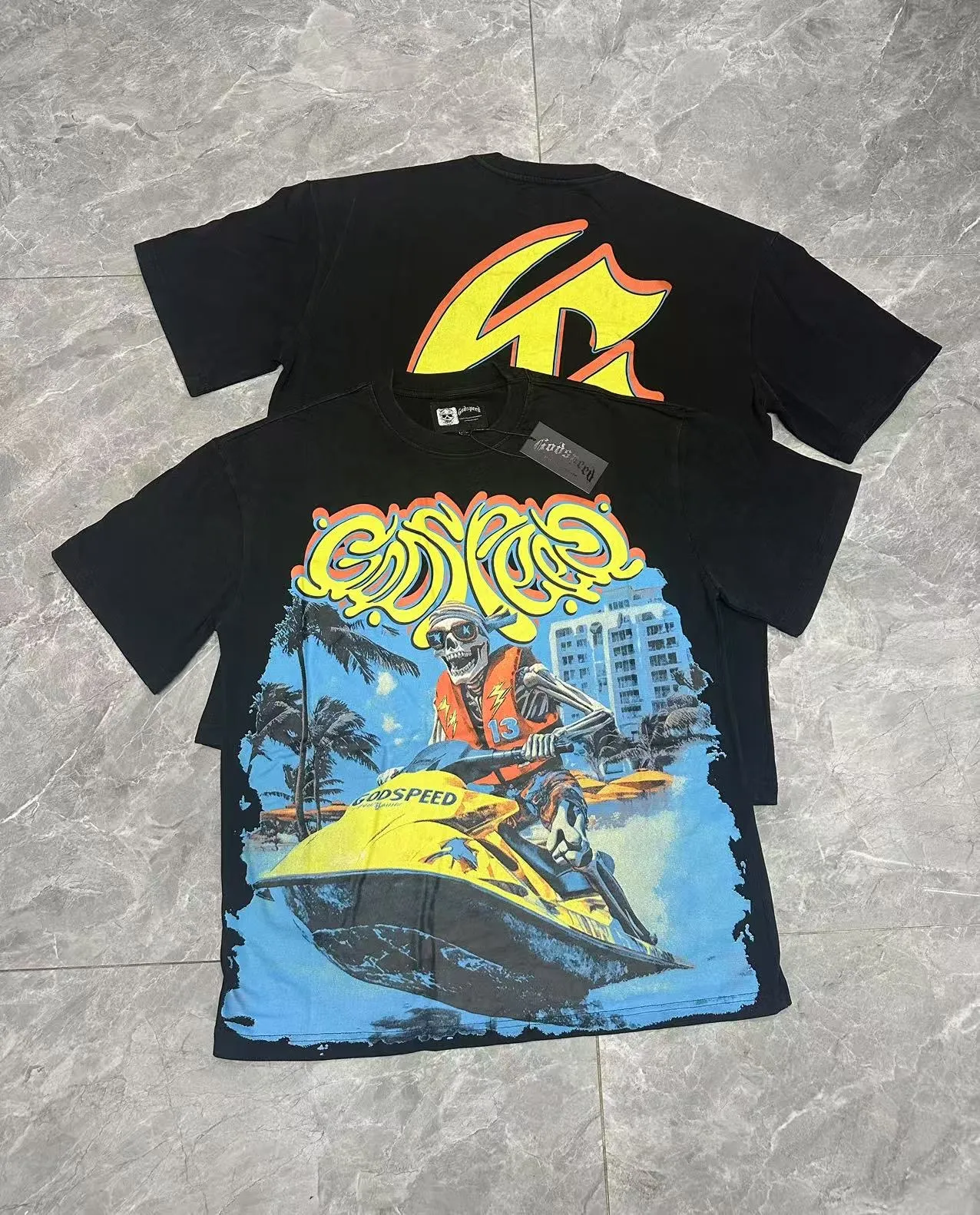 58💰6081#washed black ｜Godspeed cross-border American rock and roll street washed retro style short-sleeved T (craft print) fabric (fabric): 32 count combed double yarn 250g weight size (size): S-M-L-XL color (colour): washed black 👉 👉