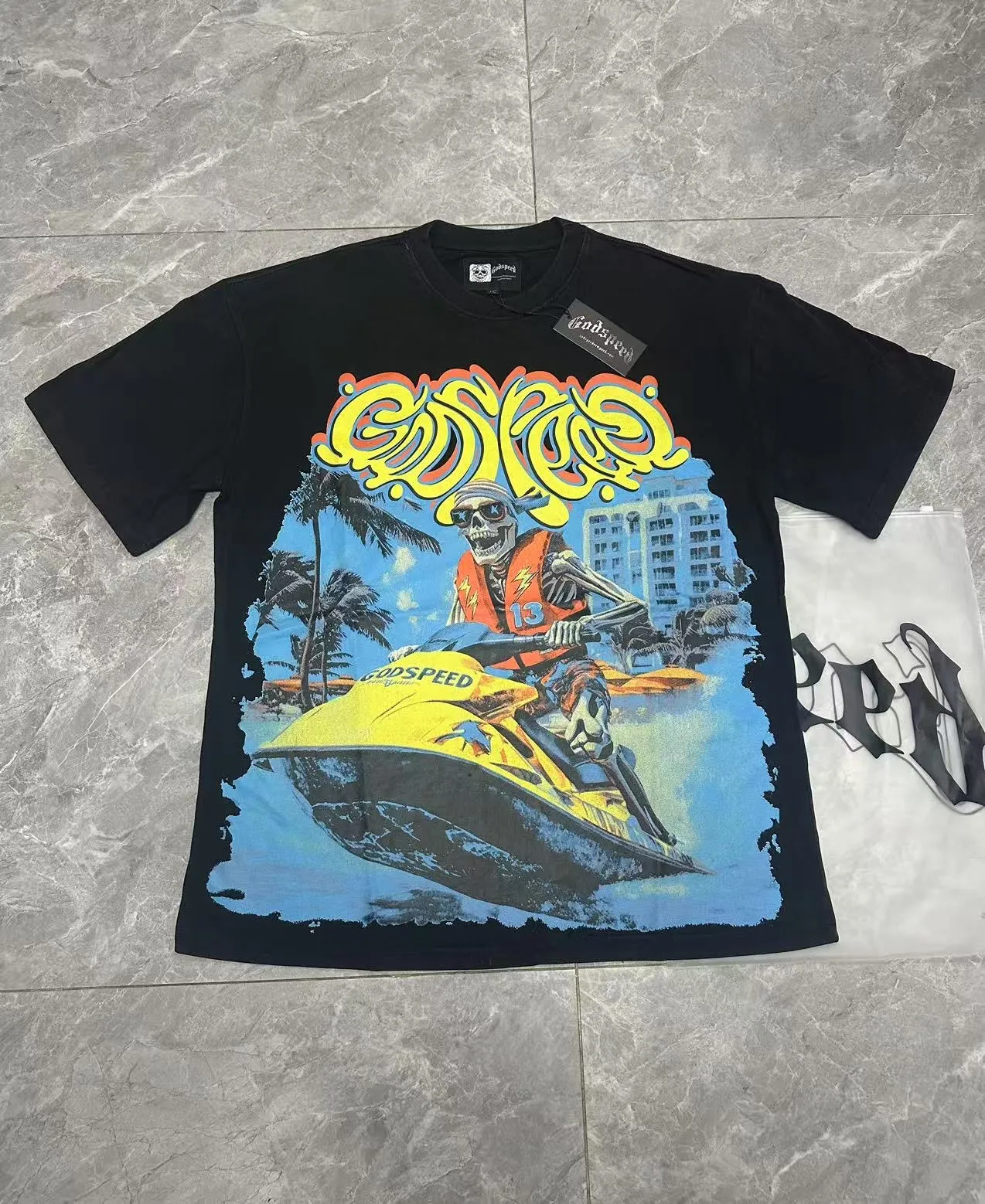 58💰6081#washed black ｜Godspeed cross-border American rock and roll street washed retro style short-sleeved T (craft print) fabric (fabric): 32 count combed double yarn 250g weight size (size): S-M-L-XL color (colour): washed black 👉 👉
