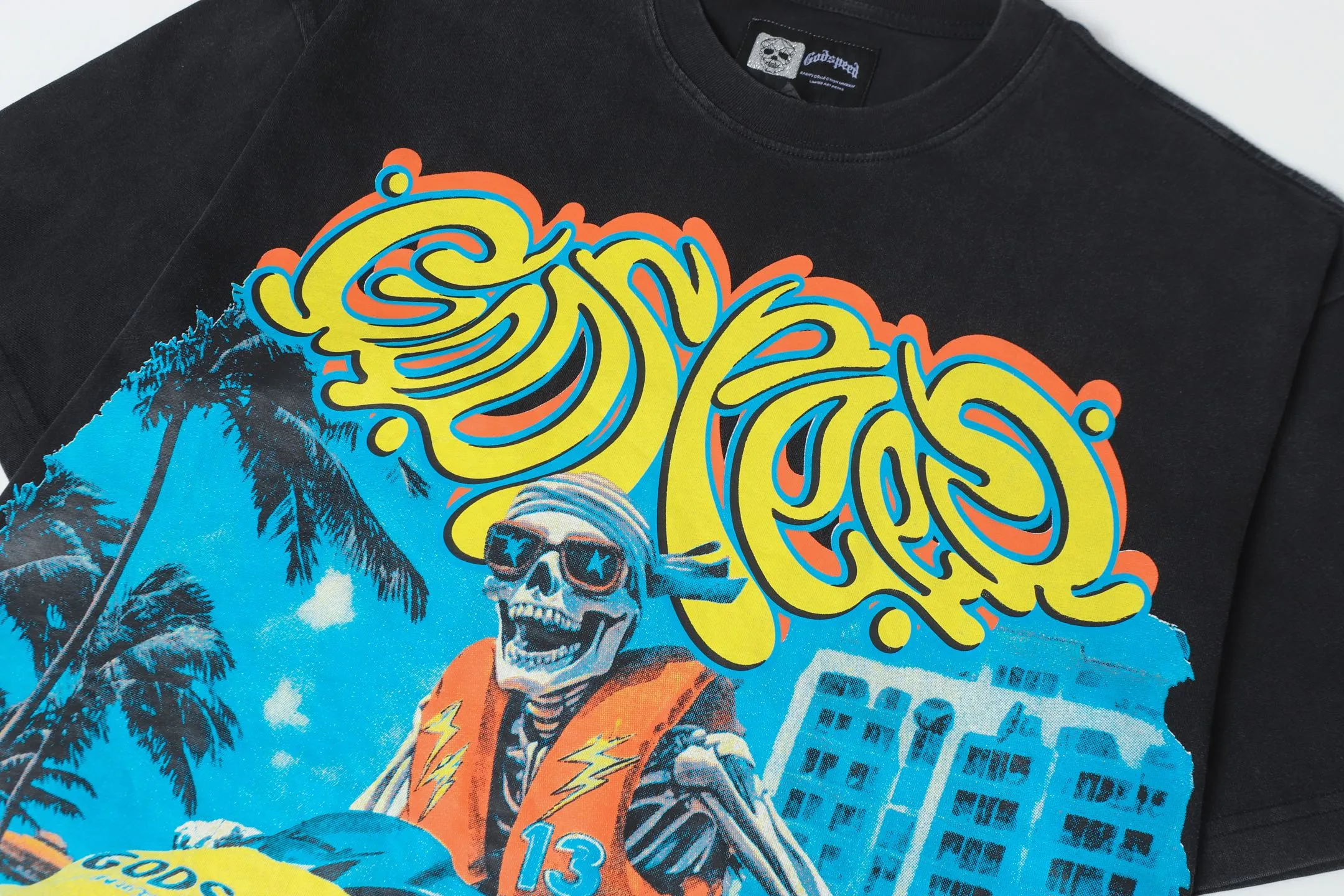 58💰6081#washed black ｜Godspeed cross-border American rock and roll street washed retro style short-sleeved T (craft print) fabric (fabric): 32 count combed double yarn 250g weight size (size): S-M-L-XL color (colour): washed black 👉 👉