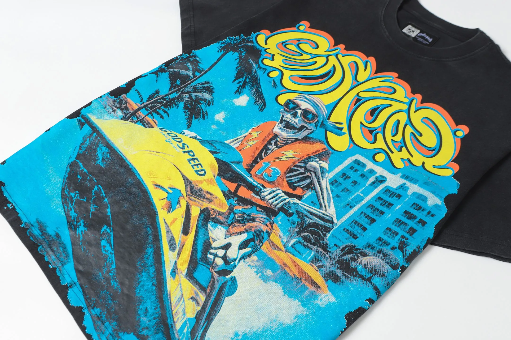 58💰6081#washed black ｜Godspeed cross-border American rock and roll street washed retro style short-sleeved T (craft print) fabric (fabric): 32 count combed double yarn 250g weight size (size): S-M-L-XL color (colour): washed black 👉 👉