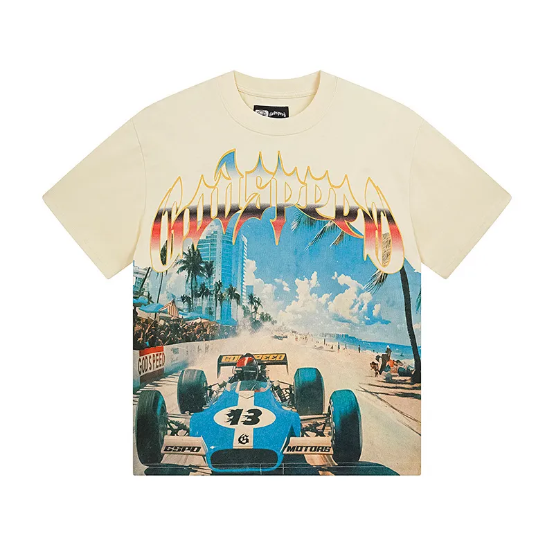 3110# P106 Real shot Godspeed American fashion rock street retro loose printed cotton short sleeves Fabric: 240g 32 count fine cotton double yarn pure cotton Color: apricot Size: S M L XL
