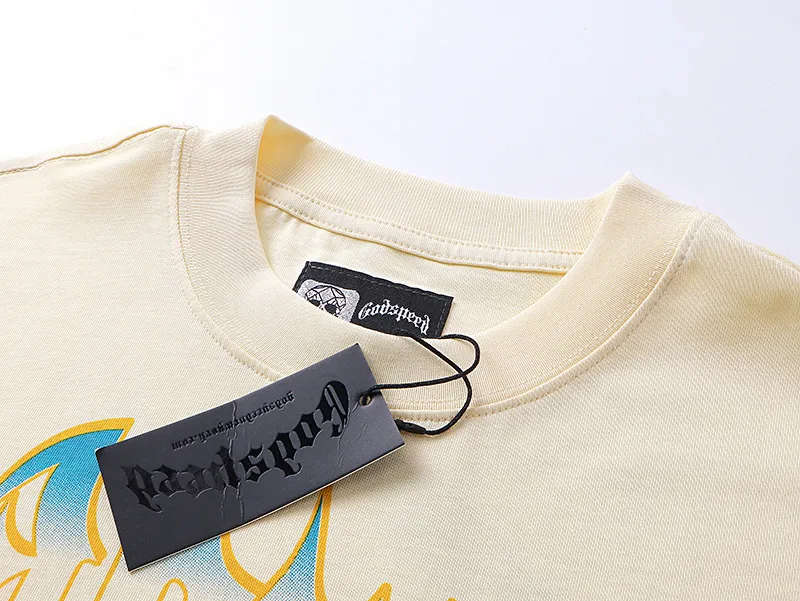 3110# P106 Real shot Godspeed American fashion rock street retro loose printed cotton short sleeves Fabric: 240g 32 count fine cotton double yarn pure cotton Color: apricot Size: S M L XL