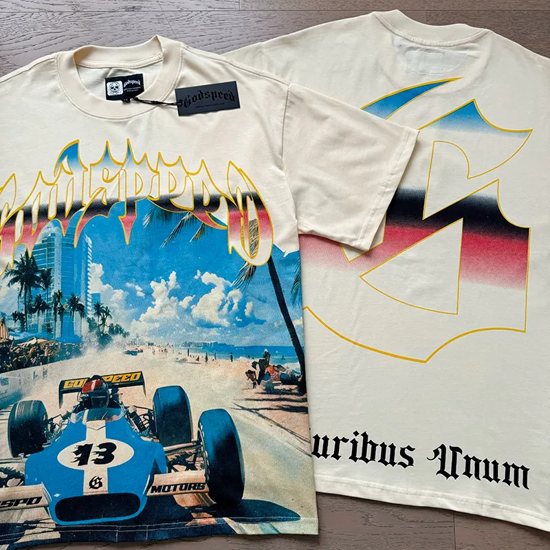 3110# P106 Real shot Godspeed American fashion rock street retro loose printed cotton short sleeves Fabric: 240g 32 count fine cotton double yarn pure cotton Color: apricot Size: S M L XL