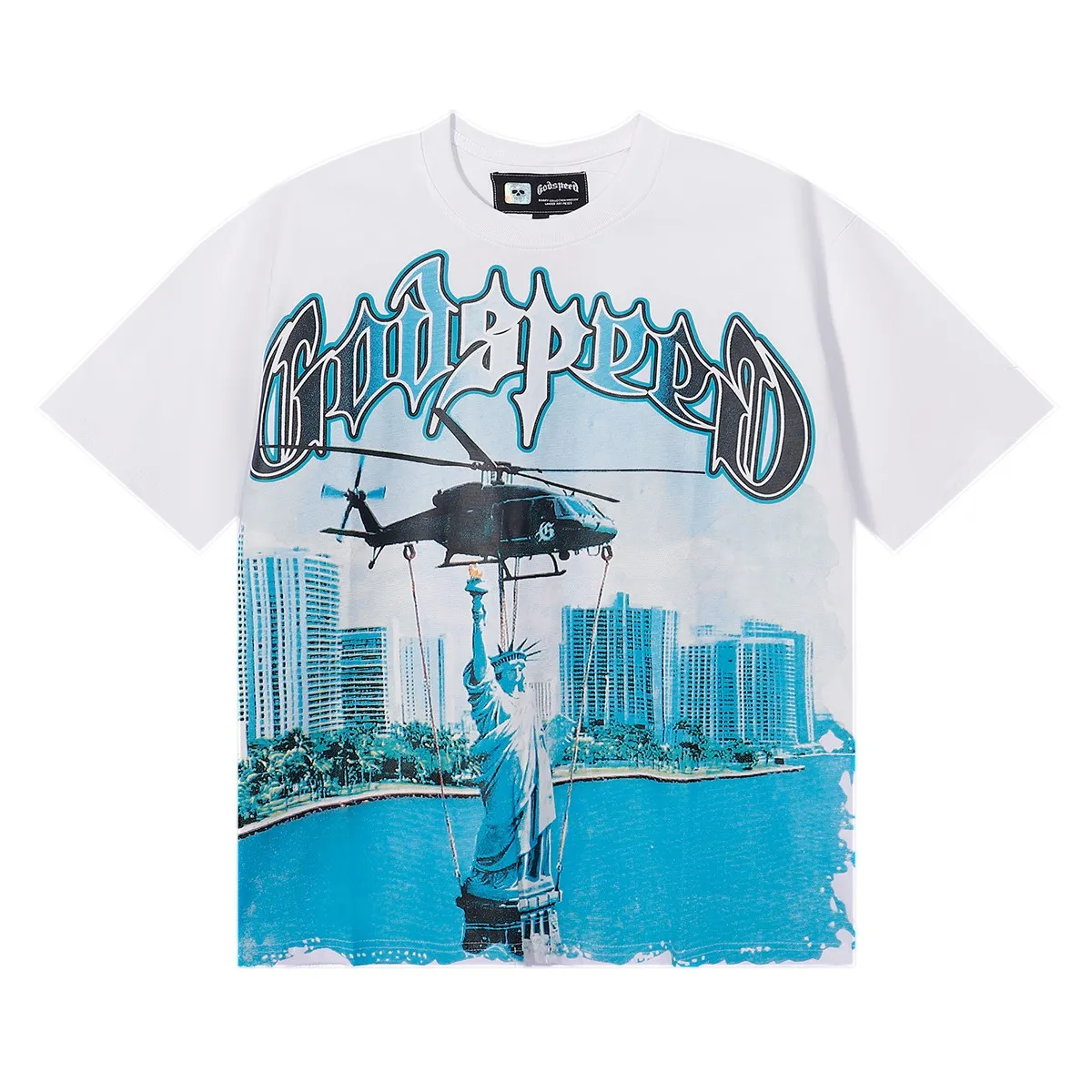No. 7076, Mechao Godspeed Helicopter Lady Liberty printed high-quality double yarn pure cotton casual short-sleeved T-shirt batch 110 Color: black, white, lake green; Size: SM L XL